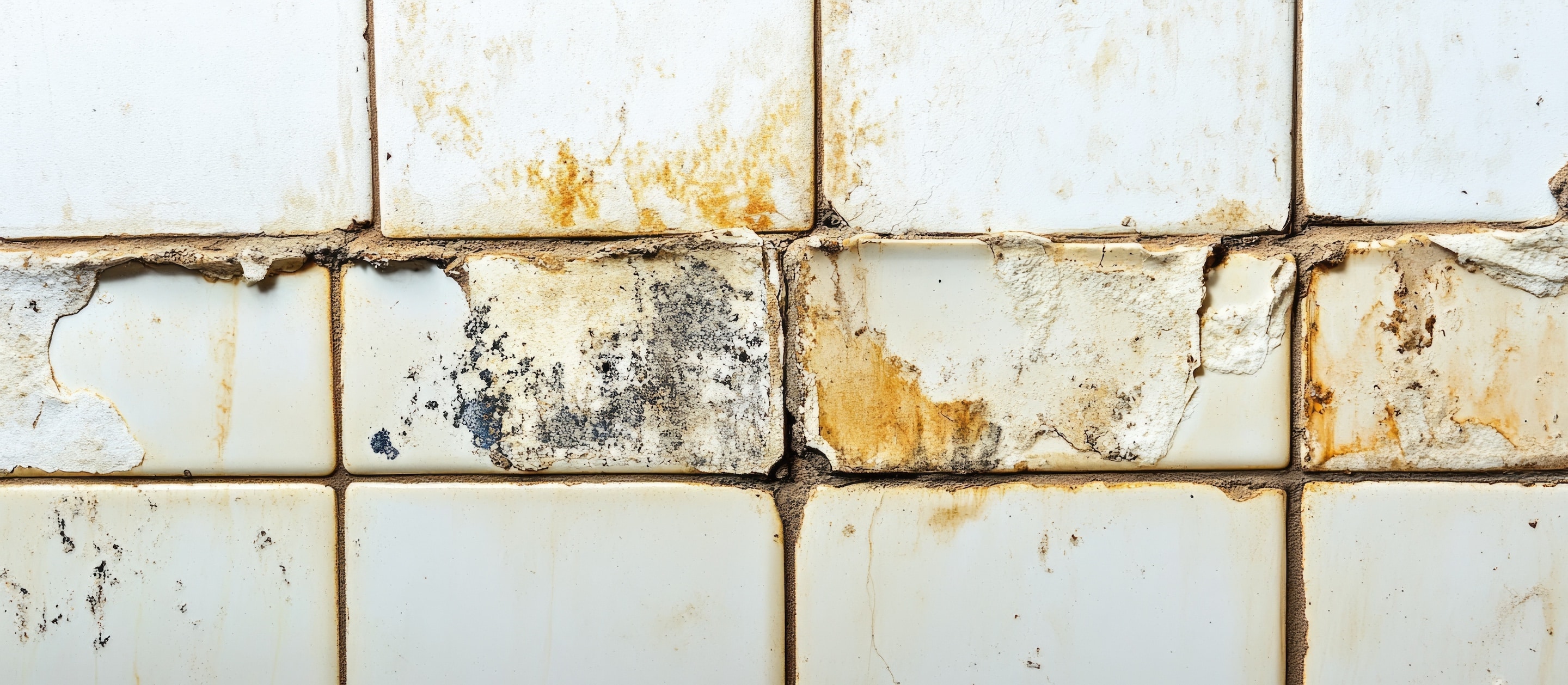 Mold growth on damaged bathroom tiles showcasing deterioration with space for text in home improvement or hygiene contexts